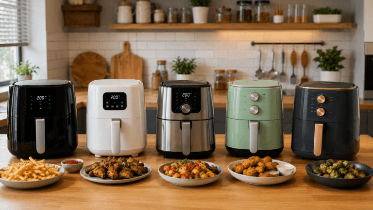 Cinco air fryers de modelos diferentes numa bancada de cozinha