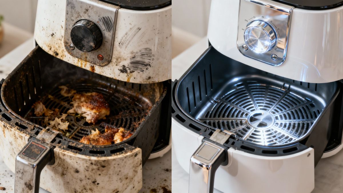 Cesto de air fryer sendo limpo, ilustrando o uso correto do aparelho