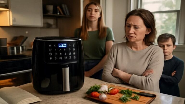 Air fryer eletrica preta sobre bancada de cozinha clara, imagem de apoio do guia de air fryer