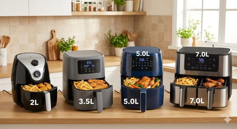 Air fryers de 2, 3,5, 5 e 7 litros lado a lado numa bancada de cozinha