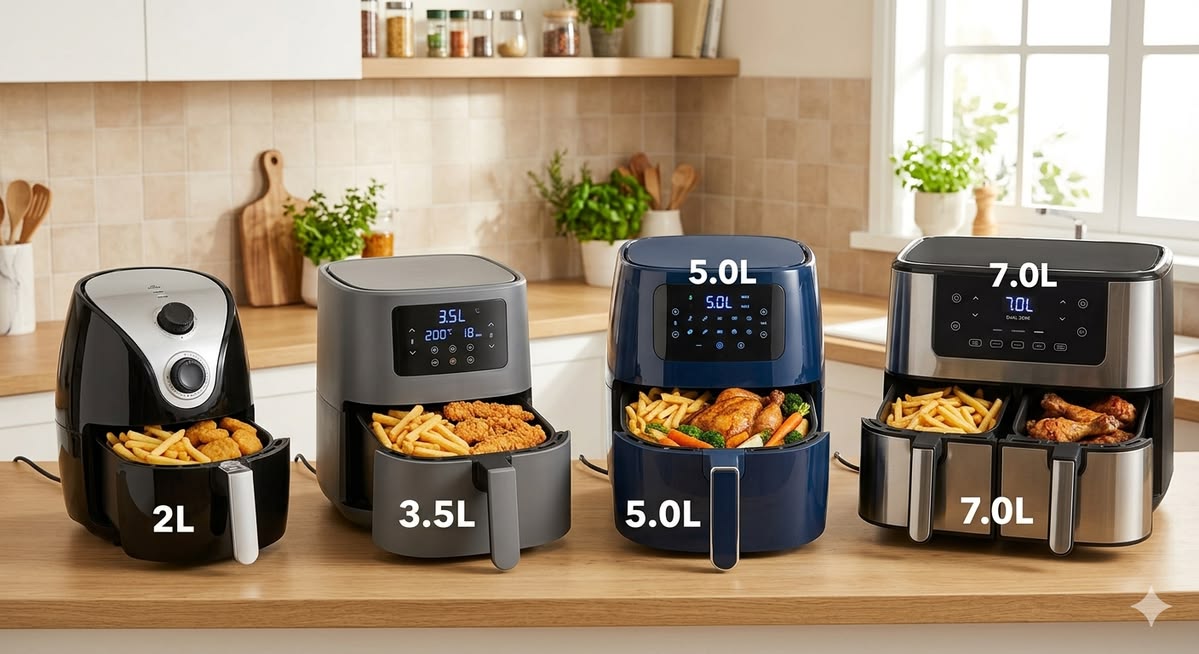 Air fryers de 2, 3,5, 5 e 7 litros lado a lado numa bancada de cozinha