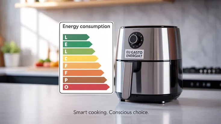 Air fryer em uso na bancada, referencia de consumo entre os modelos selecionados