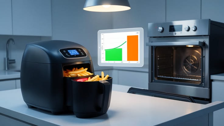 Air fryer e forno elétrico lado a lado, comparando consumo de energia
