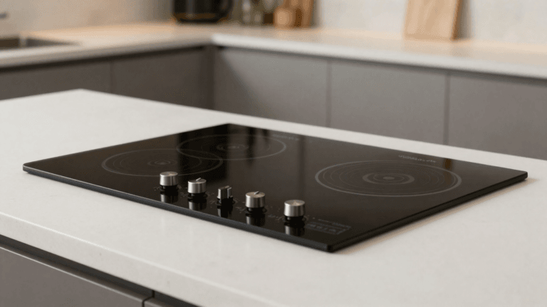 Cooktop de indução com controle deslizante e panela de inox posicionada