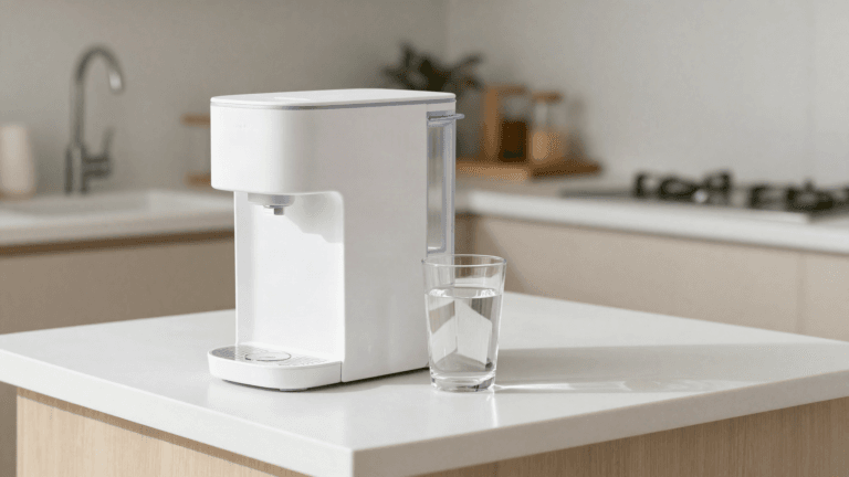 Purificador de água de bancada branco com copo de água ao lado