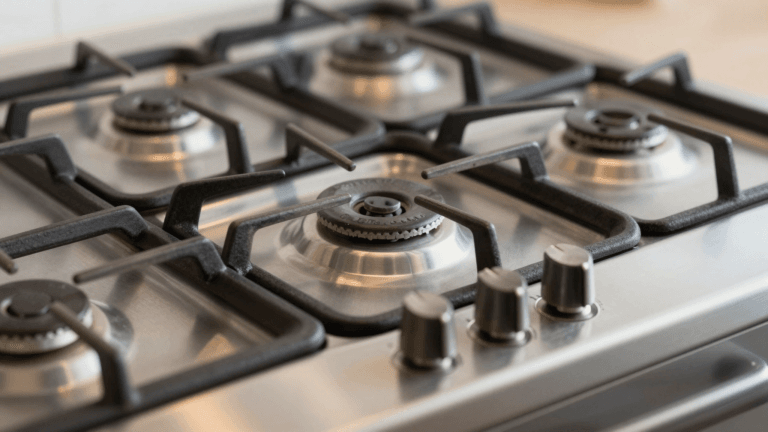 Mesa de inox de fogão a gás em detalhe, com queimadores e grades de ferro fundido