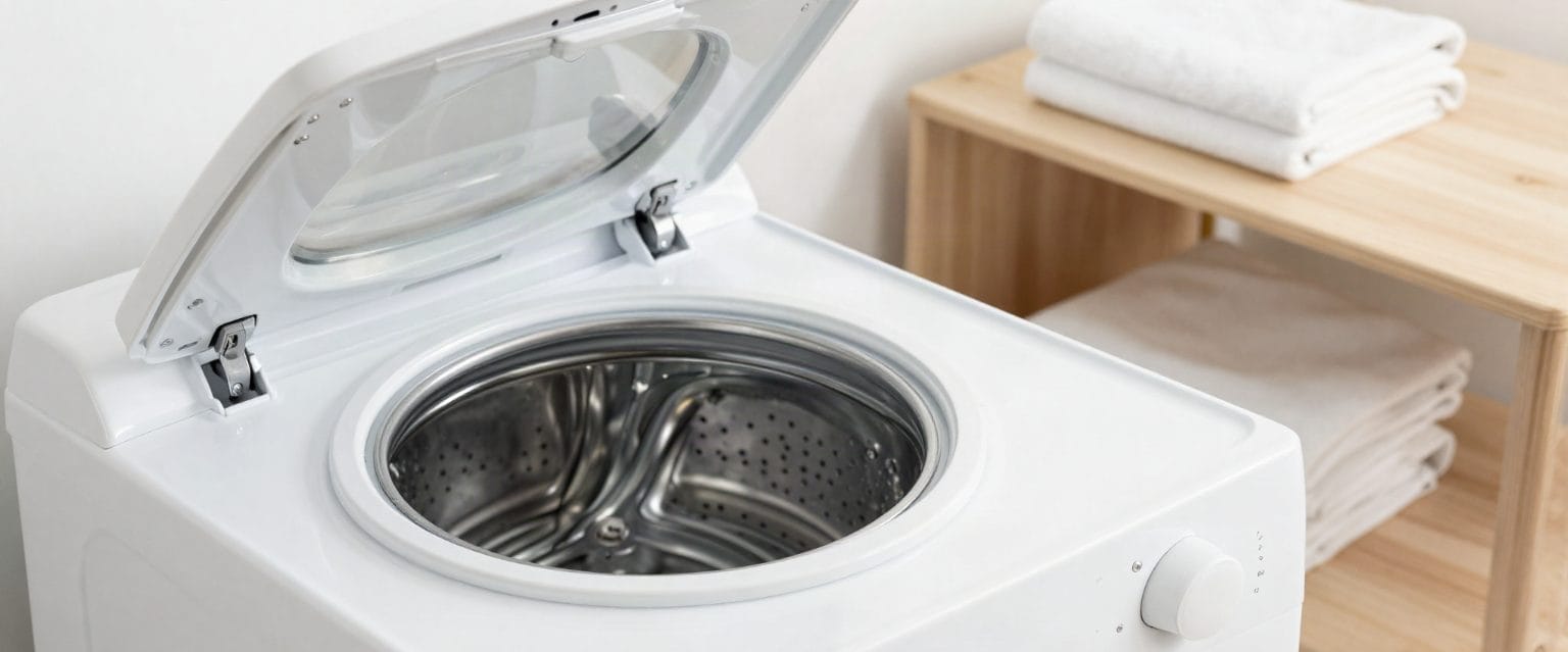 Lavadora de grande porte vista de lado, com espaco visivel para manutencao e acessorios