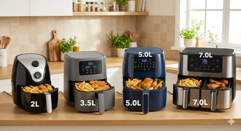 Air fryers de 2, 3,5, 5 e 7 litros lado a lado sobre bancada de cozinha