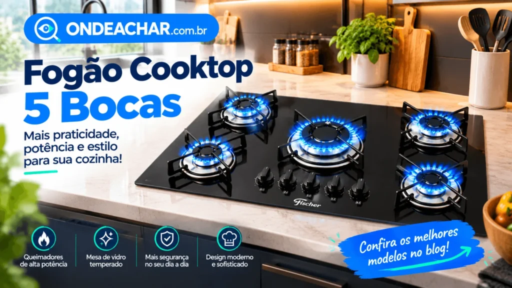 Fogão cooktop 5 bocas — queimadores de alta potência e mesa de vidro temperado