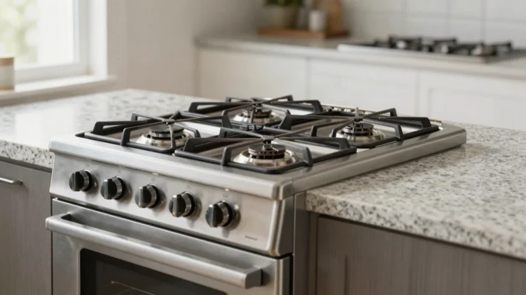 Fogão de piso de cinco bocas com mesa de vidro em cozinha planejada