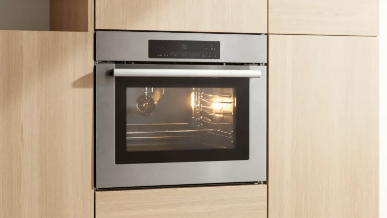 Forno elétrico de embutir em inox instalado em marcenaria de madeira clara