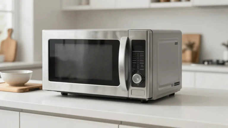 Micro-ondas em inox sobre bancada de cozinha ao lado de tábua de madeira