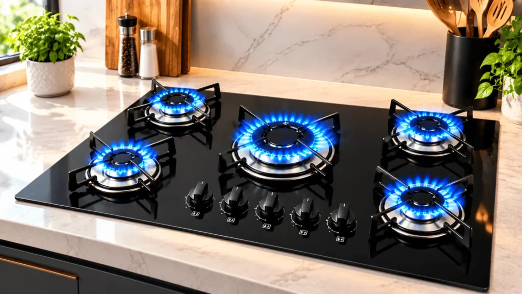 Cooktop a gás de 5 bocas com os queimadores acesos e chama azul bem regulada