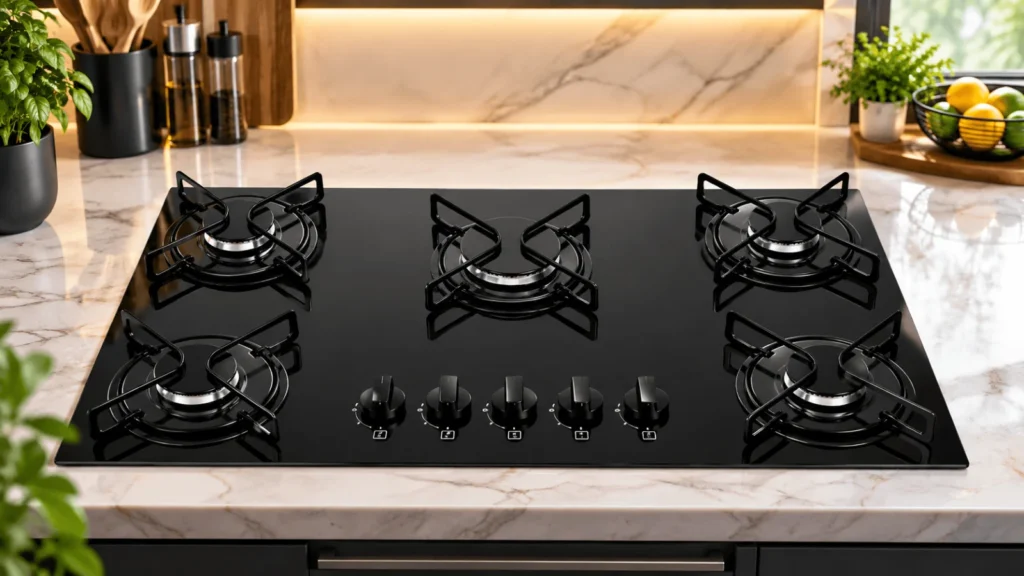 Cooktop de 5 bocas com mesa de vidro preto instalado em bancada de mármore