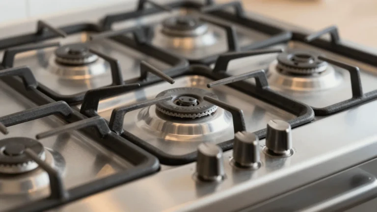 Mesa de inox de fogão a gás em detalhe, com queimadores e grades de ferro fundido