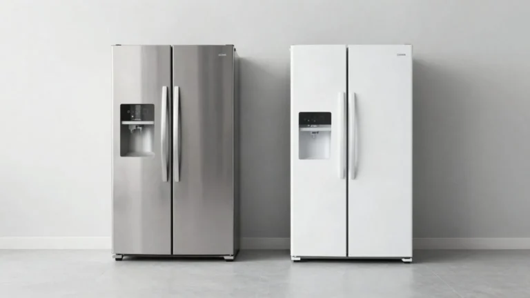 Duas geladeiras lado a lado para comparacao em showroom claro
