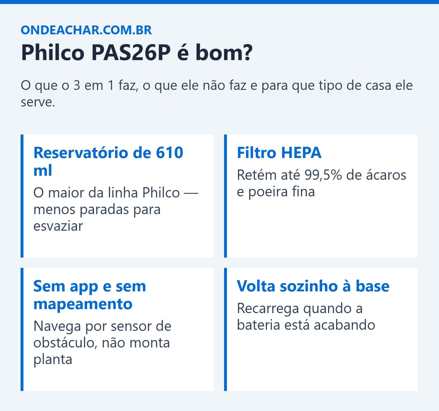 Resumo visual do review do aspirador robô Philco PAS26P