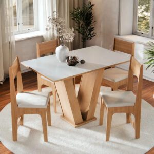 Conjunto Sala de Jantar 4 Lugares com Cadeiras Estofadas Off White