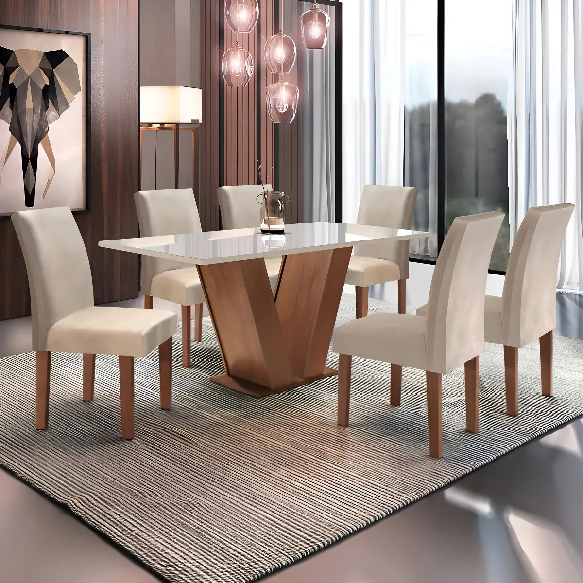 Conjunto Sala de Jantar Mesa Tampo de Vidro com 6 Cadeiras Espanha