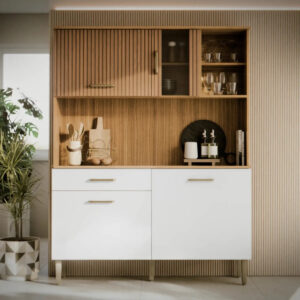 Armário de Cozinha Compacto Viena com Nicho e Balcão Branco/Ripado